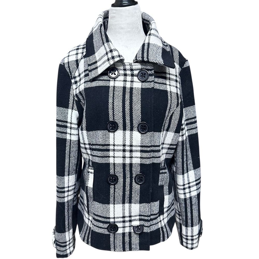 Black and White Plaid Wool Blend Double Breasted Peacoat XL